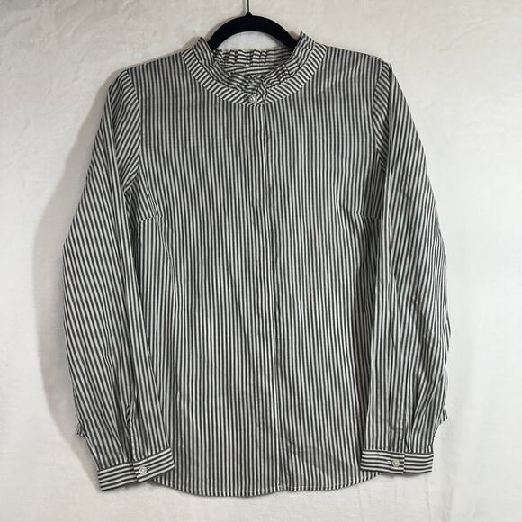 NWT Talbots Small Top Womens Striped Buttoned Ruffle Collar White Gray Cute Work - Picture 1 of 10